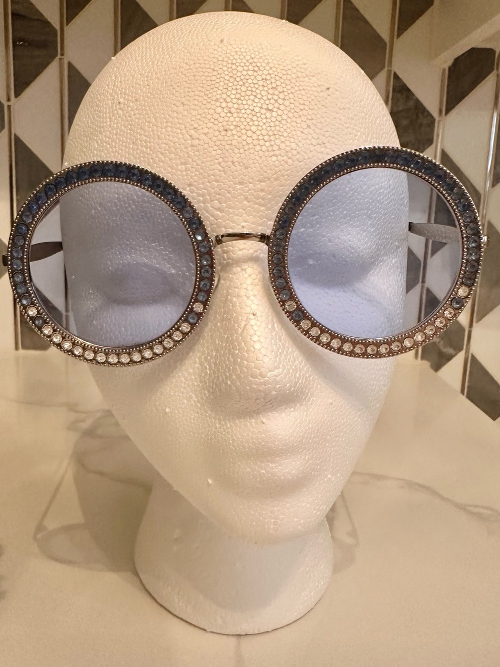 Blue Oversized Round Rhinestone Sunglasses Mirror Festival Glam